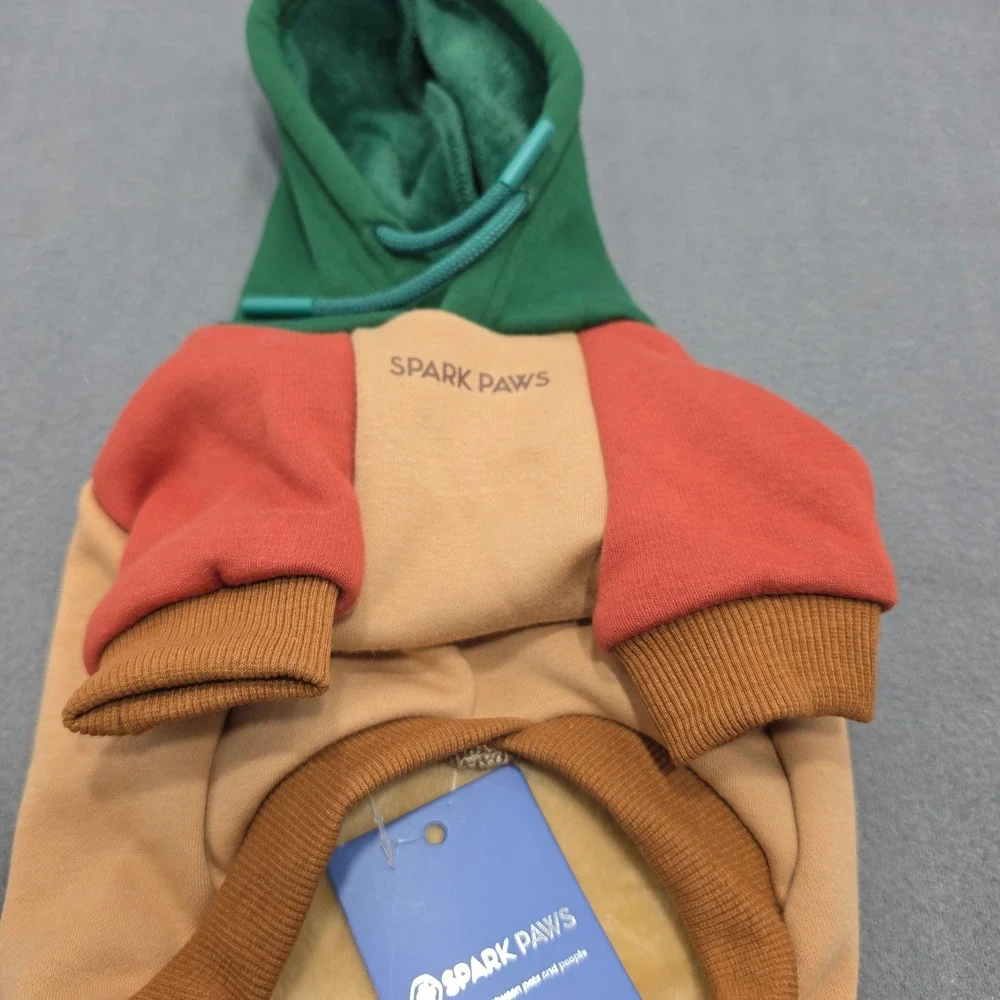 Spark Paws Dog Hoodie Colorblock Green Orange Tan Fleece Lined NWT J